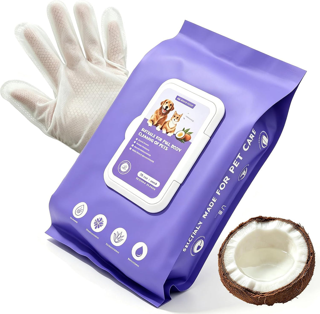 20 Pack Deodorizing Pet Cleaning Glove Wipes for Dogs and Cats,Cleaning Gloves with Coconut Oil for Paws, Face, Ears & Butt, Instant