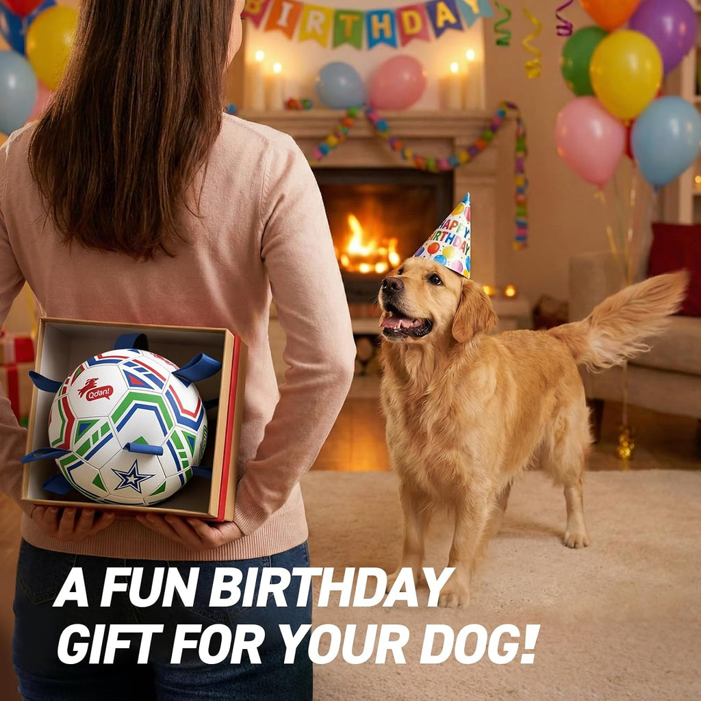 QDAN World Cup Soccer Ball for Dog, Large Herding Ball for 30-90 lbs Dogs | 8 Inch Dog Balls with Straps for Interactive, Tug and Training, Indoor Outdoor Toys for Medium Large Dogs, Water Dog Toy Ball
