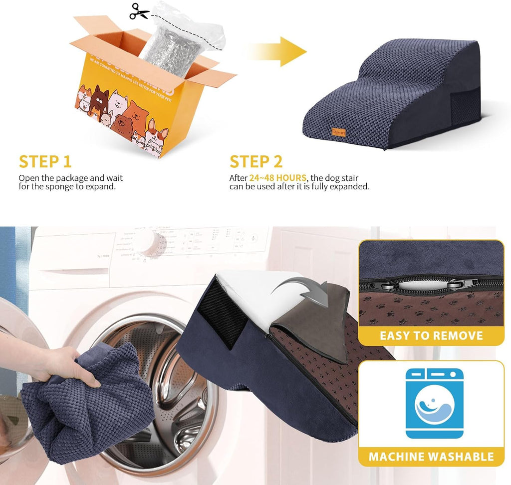 2-Step Dog Stairs for Small Dogs, Non-Slip Foam Pet Steps for Low Couch Bed