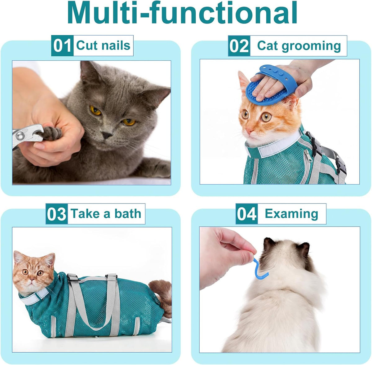 9 Pcs Cat Bathing Bag Anti Scratch Cat Grooming Bag for Nail Trimming Injecting Examining Pet Restraint Bags with Washing Comb Mesh Muzzle Nail Clipper & File Tick Tool
