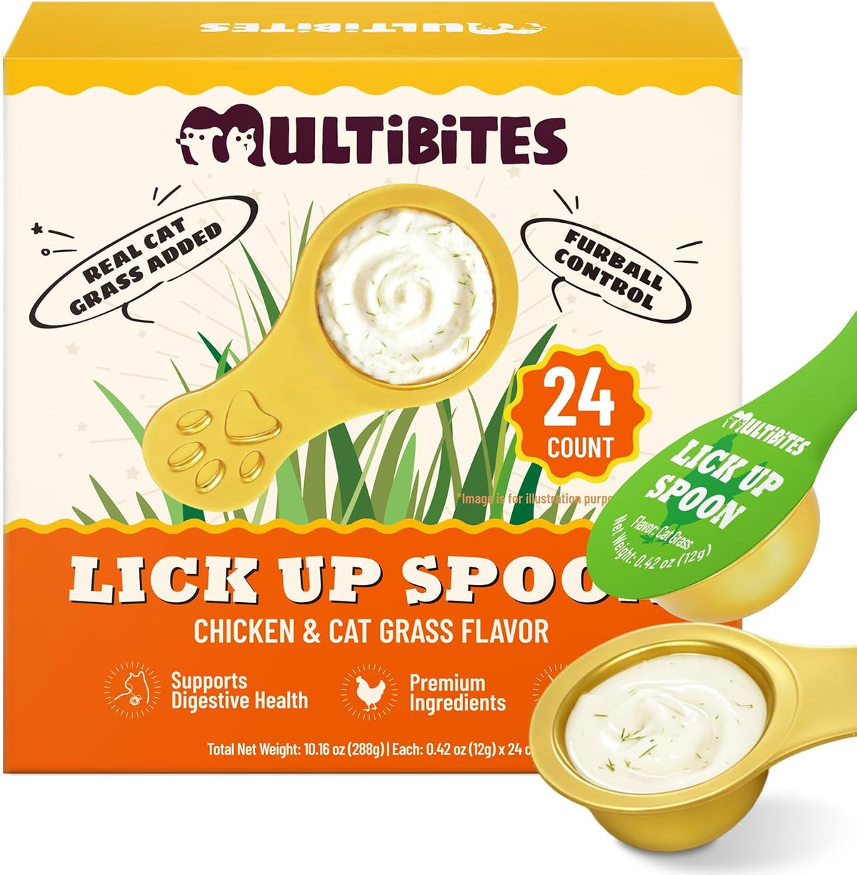 Lickable Cat Treats with Lick-Up Spoons, Healthy Wet Cat Snacks for Digestive Support, Grain-Free Kitten Treats with Taurine & Vitamins, Cat Grass & Pumpkin Variety Pack (32 Spoons) (Cat Grass)