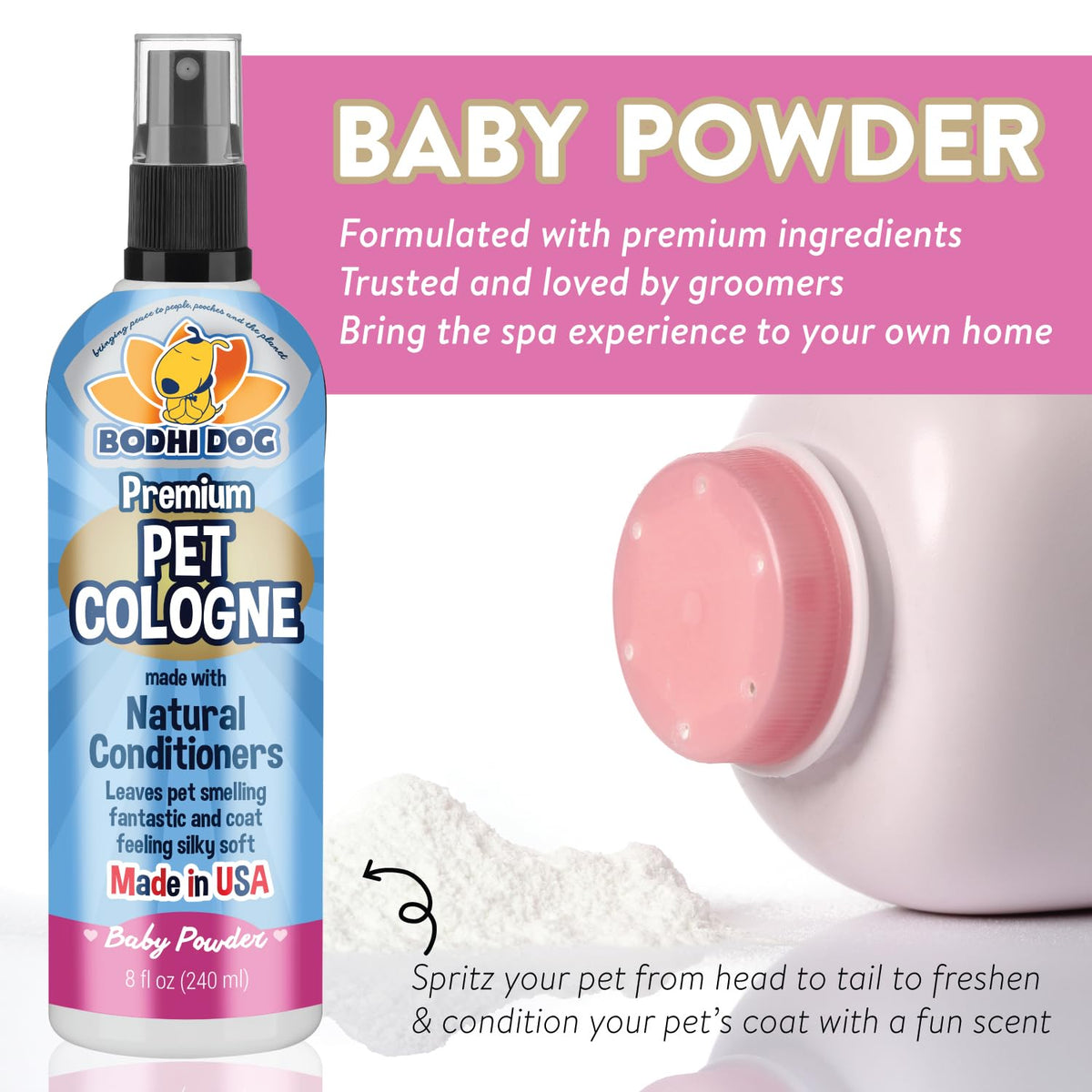 Bodhi Dog Natural Dog Cologne (Baby Powder) - Premium Scented Deodorizing Pet Perfume with Conditioner for Dogs & Cats - Keeps Pets Fresh & Clean - Gentle and Safe Formula, Made in USA (8 Fl Oz)