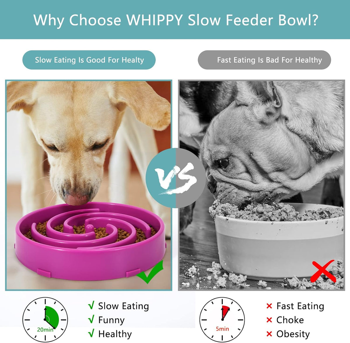 Whippy Slow Feeder Large Dog Bowl - Non Slip Maze Puzzle Bowl for Medium to Large Dogs - Purple