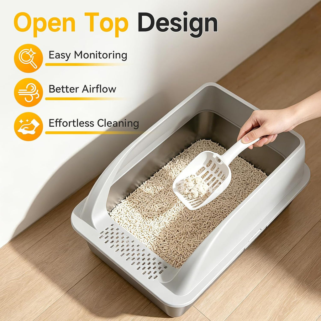XL Open Top Stainless Steel Litter Box with High Sides,Light Gray | Extra Large Metal Cat Litter Pan , XL Litter Box, Non-Stick Easy Clean Anti-Leak Kitty Litter Pan, Odor Control, Open Top