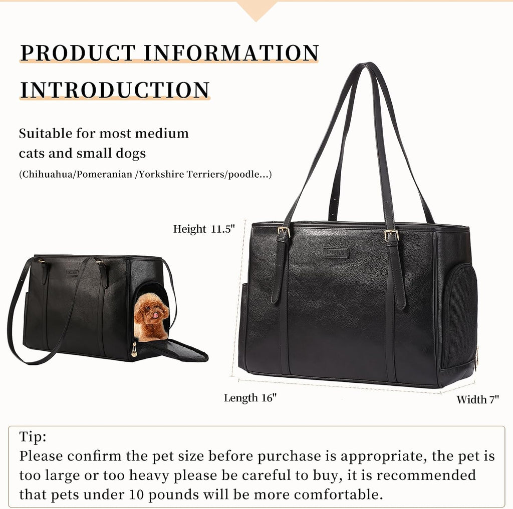 Lasaviin Fashion Dog Purse Pet Carrier Leather Bag for Small Dogs Cats Puppy, Portable Tote Bag Airline Approved Soft-Sided Carriers (Black)