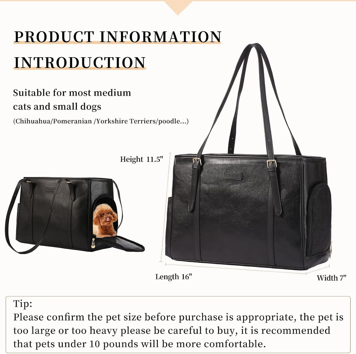 Lasaviin Fashion Dog Purse Pet Carrier Leather Bag for Small Dogs Cats Puppy, Portable Tote Bag Airline Approved Soft-Sided Carriers (Black)