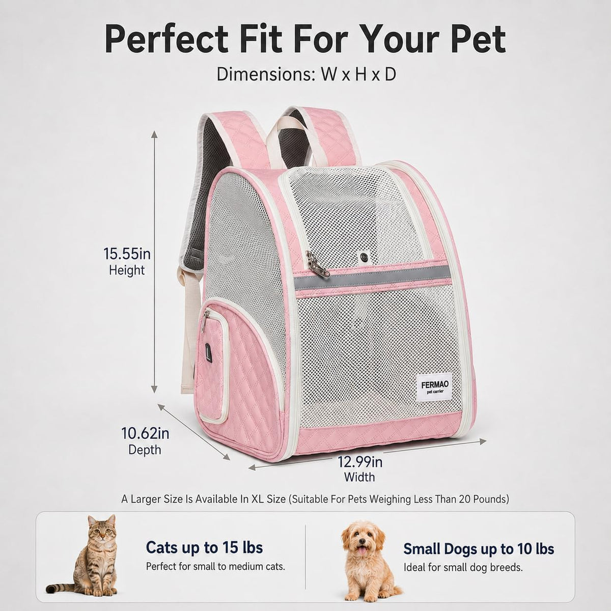Cat Backpack Carrier for Small Dogs and Medium cat Puppy Kitten Bunny Pet Carrier Backpack Collapsible with Fully Ventilated Mesh with Safety Leash (Pink, 12.9" L x 10.62" W x 15.5" H - M)