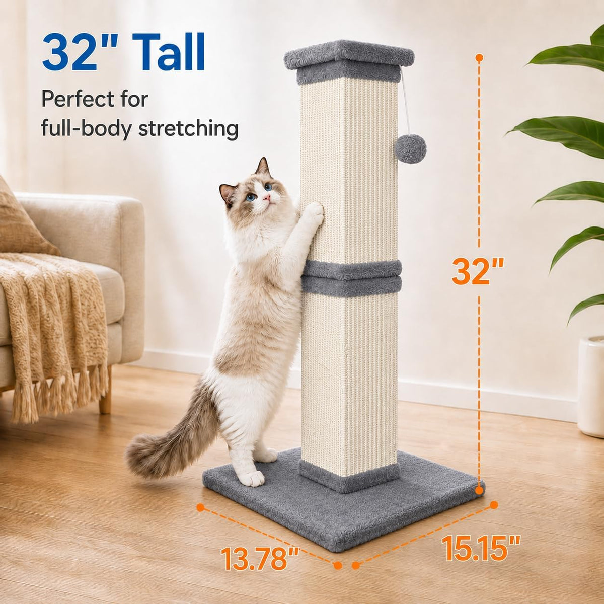 Cat Scratching Post for Indoor Cats, Sisal Cat Scratcherl, 32 Inch