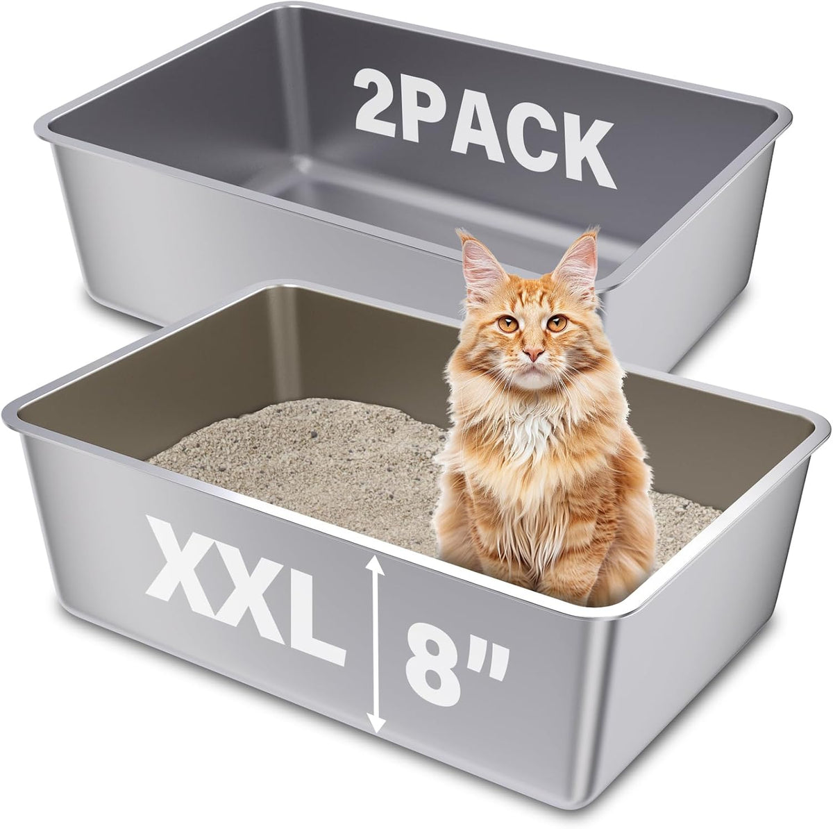 Stainless Steel Cat Litter Box, XXL Metal Litter Box 2 Pack | 23.6"x15.8"x8" , Extra Large Steel Litter Box for Big Cats, Non Stick Easy Clean Surface, High Sided, 8 inch Deep