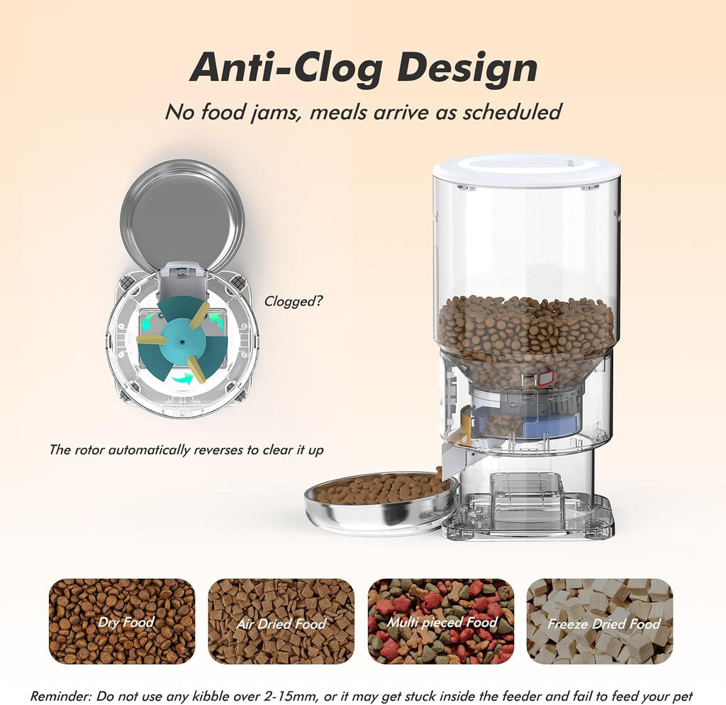 Automatic Cat Feeder - 5L Anti-Clog Cat Food Dispenser Keeps 2-15mm Dry Food Fresh, 10s Voice, 1-6 Meals/Day, Programmable Portions, 180-Day Battery Life, Easy to Clean Auto Pet Feeder for Small Dog