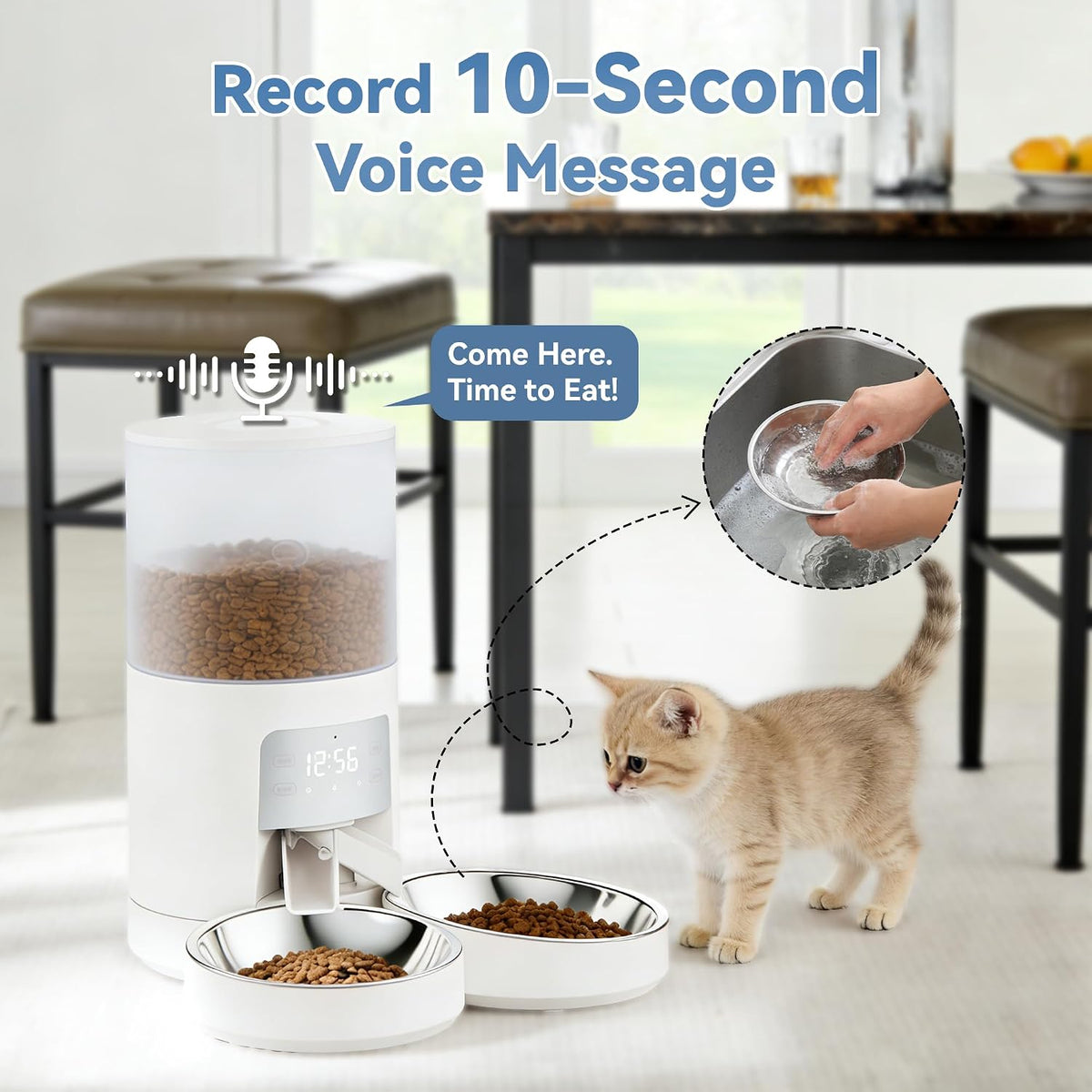DUMOS 6L Automatic Cat Feeder for 2 Cats, Timed Pet Food Dispenser, White