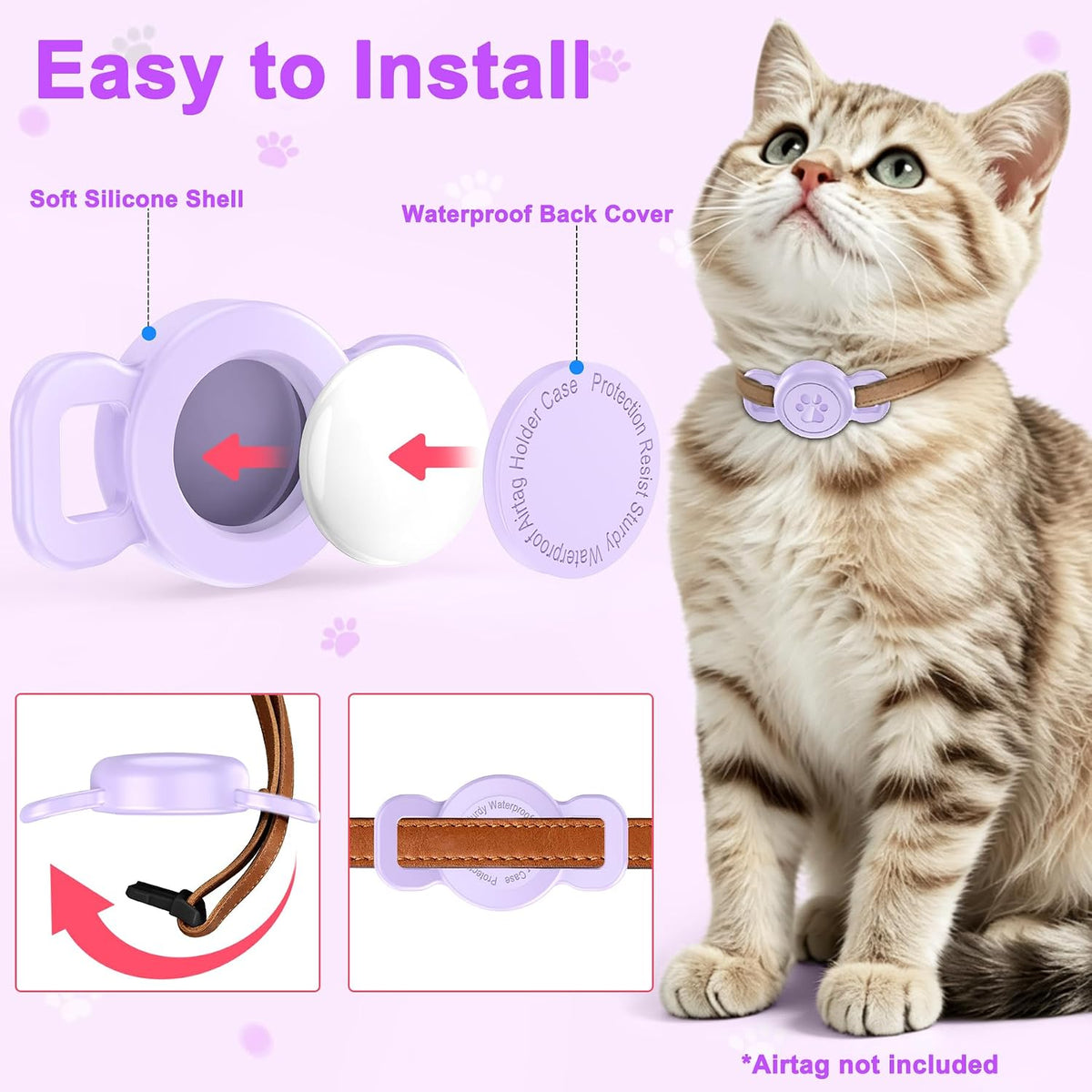 Airtag Dog Collar Holder for Cat or Small Dog, Waterproof, 1 Pack Purple