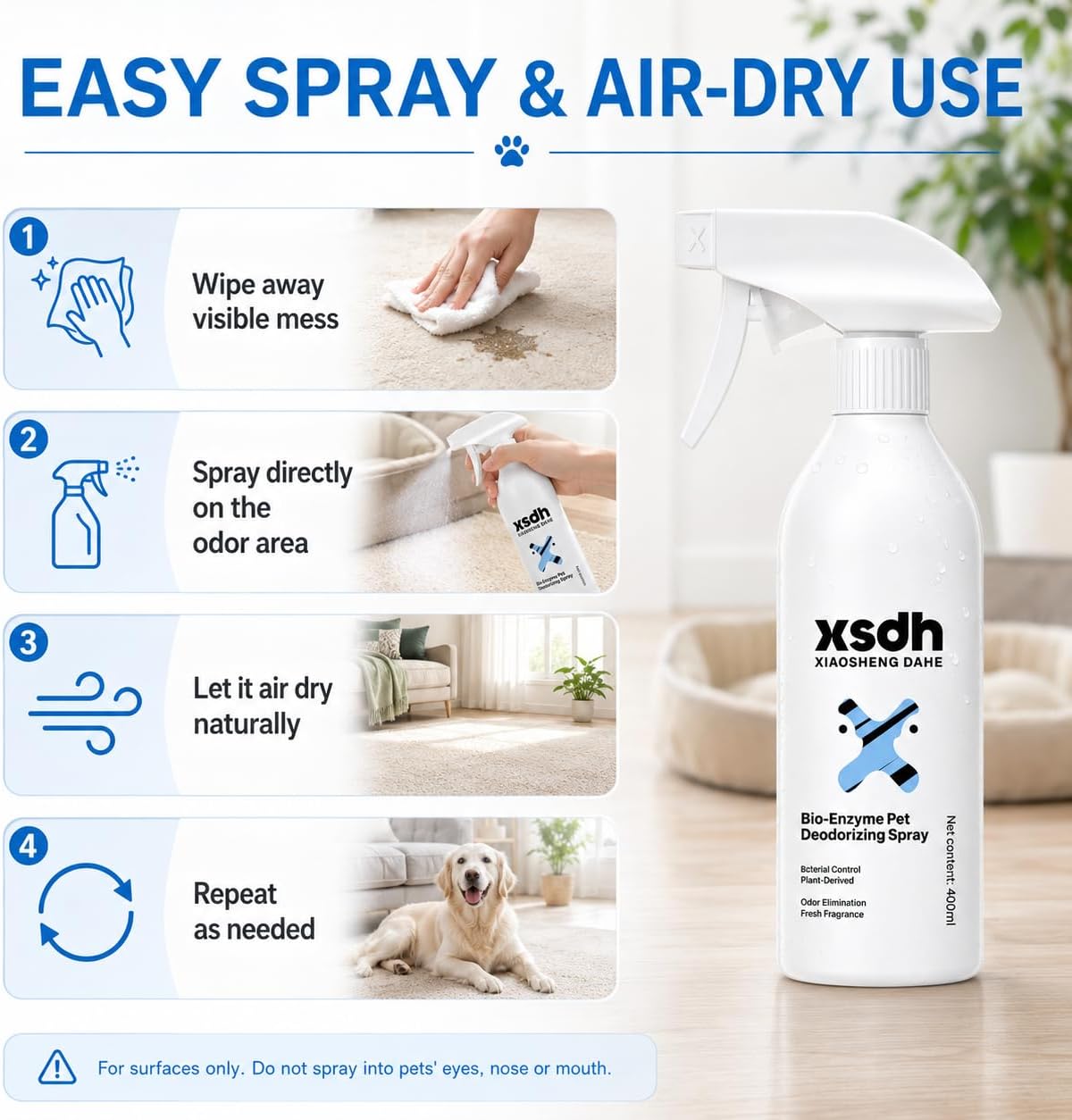 Pet Odor Deodorizing Spray, Bio-Enzyme Stain & Strong Odor Eliminator Spray for Dog Cat Pee Urine Pop, No-Rinse Air Freshener Spray for Smelly in Beds, Sofa, Carpet, Upholstery in Home & Car, 400ml