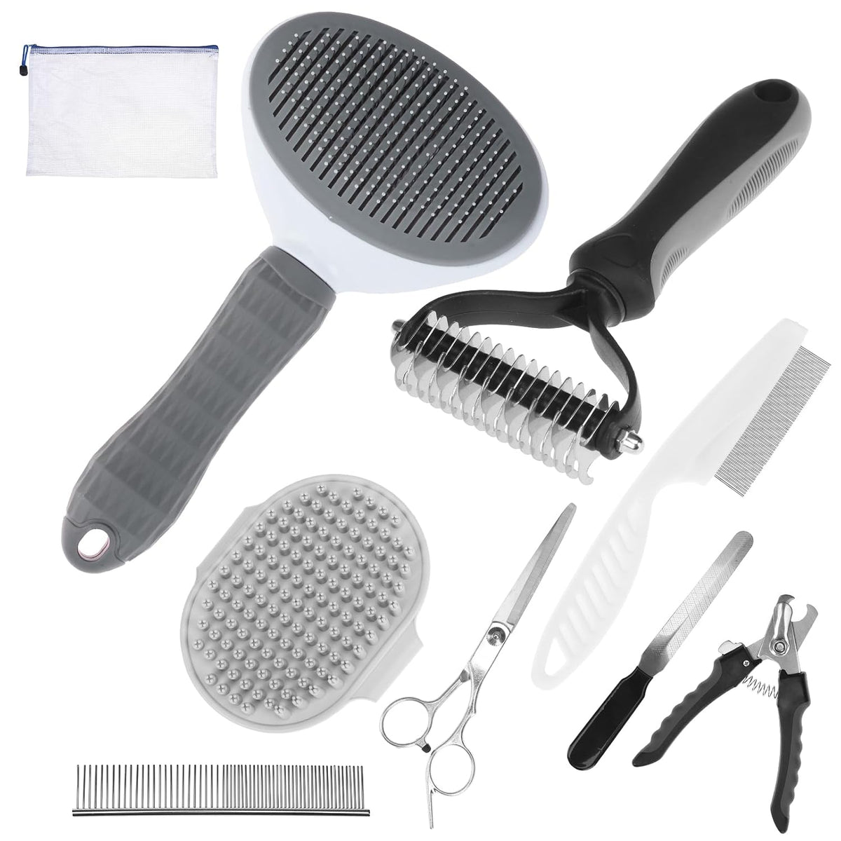 PAWCHIE Bath Grooming Kit for Pets, 9 PCS Hair Brush Set with Towel,Washing Gloves,Bath Brush and Adjustable Handle Shampoo Brush & Scrubber for Short Long Haired Dogs and Cats,Dog Bath Supplies, Grey