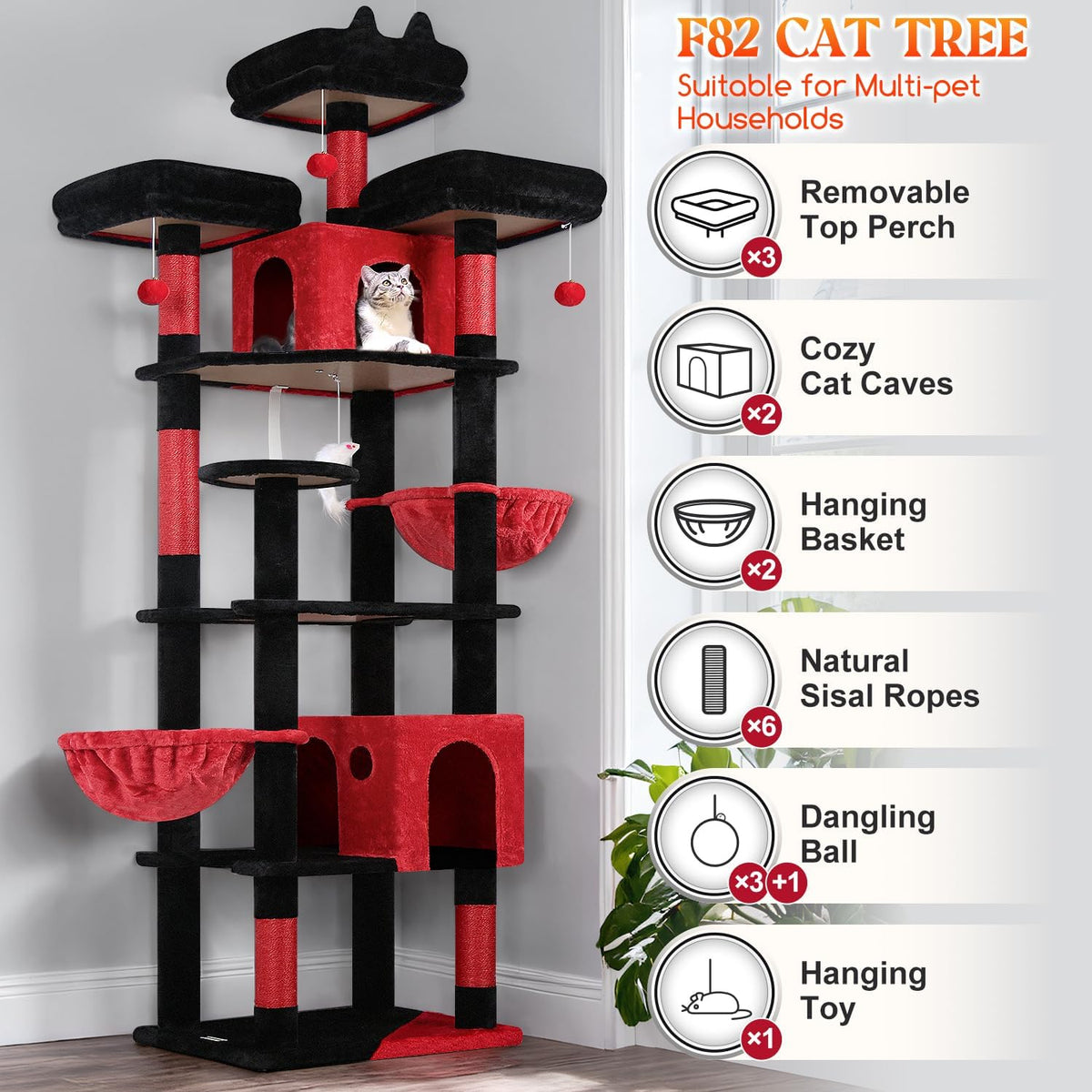 Globlazer Gothic Cat Tree Tower for Multiple Adult Cats, 82in, F82, Goth