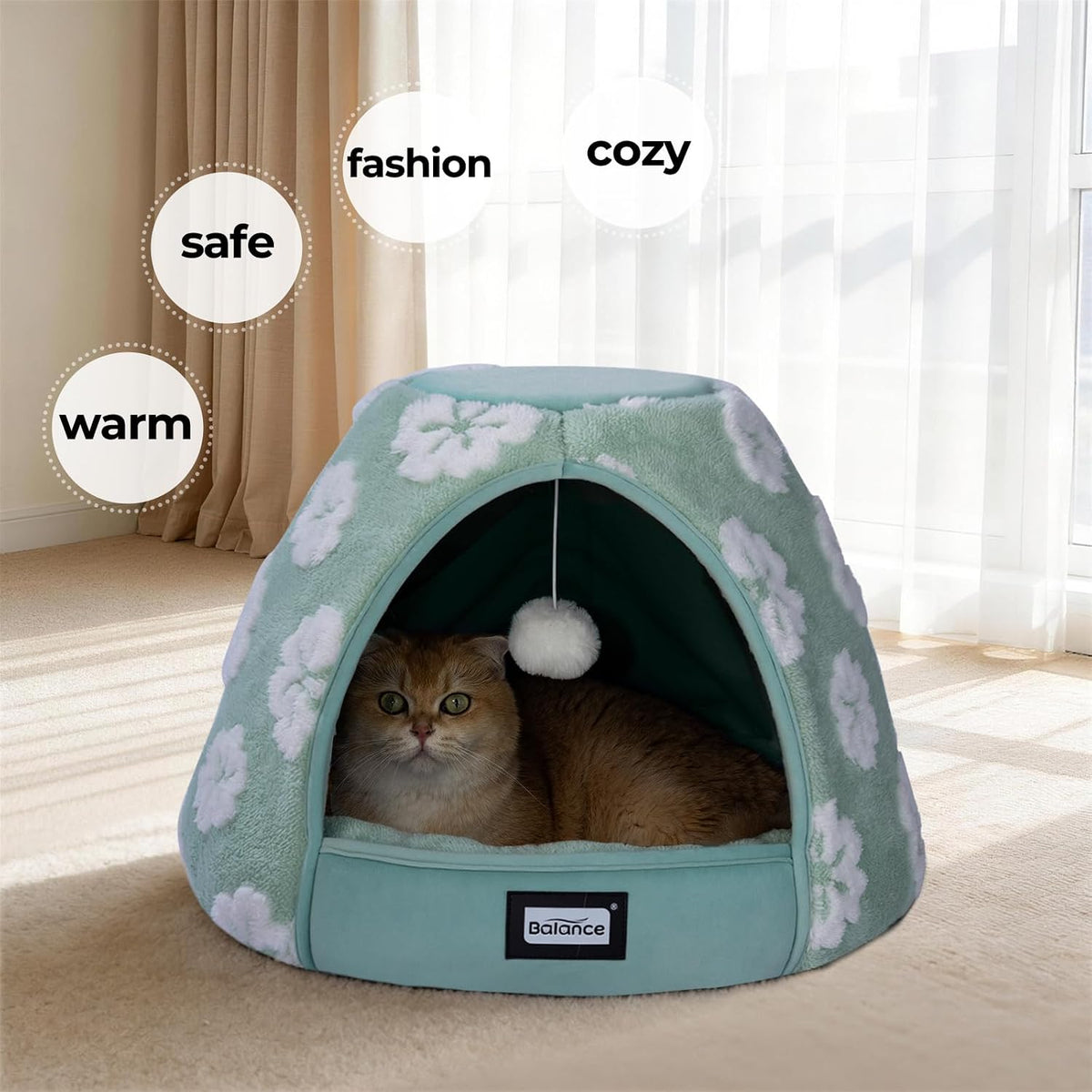 BALANCE Cat Beds for Indoor Cats, 2-in-1 Cat Bed Cave with Anti-Slip Bottom and Ultra-Soft Plush, Cozy Cats House Tent for Kittens and Small Dogs, 21 Inches, Green