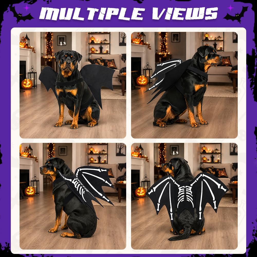 Halloween Dog Costume Glow in The Dark Black Bat Wings Adjustable L XL Dogs