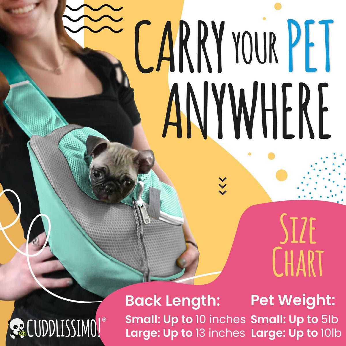 Cuddlissimo Small Dog Sling Carrier, Pet Cat Sling, Puppy Pouch - Lagoon-L