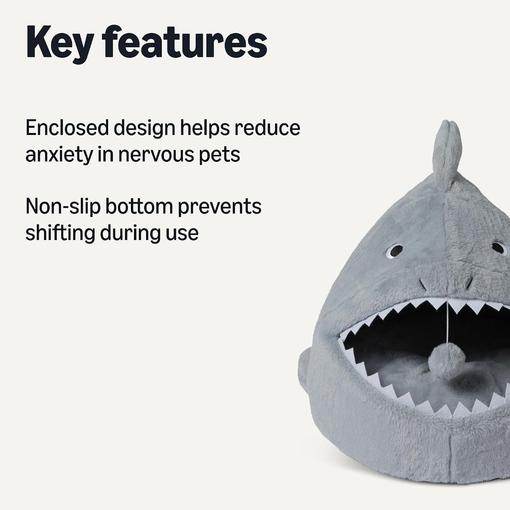 Amazon Basics Shark Shape Cat House for Indoor Cats, Enclosed Design Helps Reduce Anxiety in Nervous Pets, with Washable Cushioned Pillow, 17" x 16" x 14", Grey