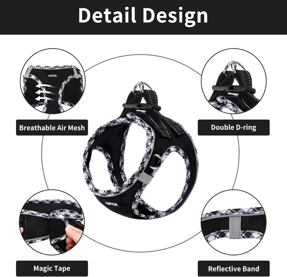 AMTOR Small Dog Harness with Leash Set, No Escape Easy Walk Puppy Harnesses for Training Walking, Step-in Reflective Soft Dogs Vest for XS S Medium Extra-Small Large Sized Dog(Black/GreyWhite,S)