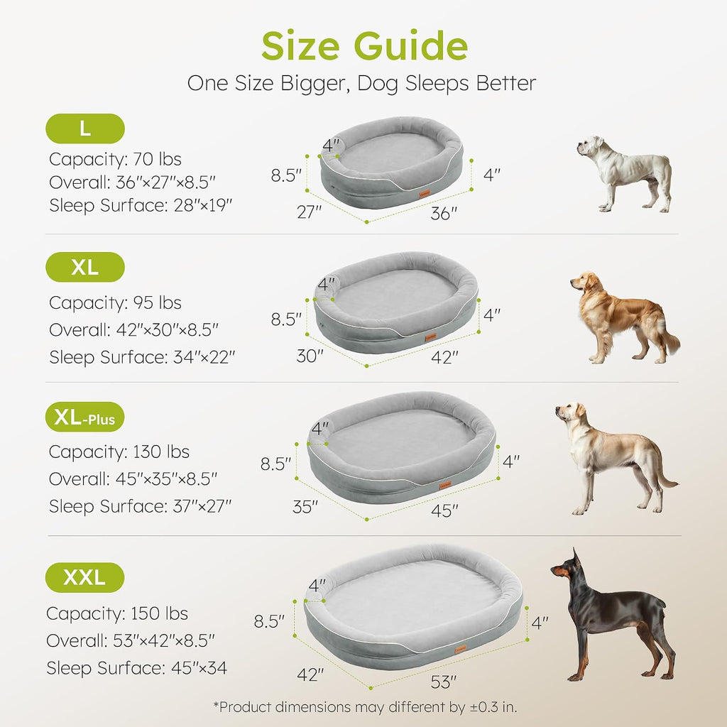CWAWZ XXL Orthopedic Dog Bed, 53 in. Dog Bed for Large Sized Dogs with Full-Surround Bolsters, Dual-Sided Dog Cooling Beds with Memory Foam, Washable Pet Sofa Couch with Nonslip Bottom, Light Grey