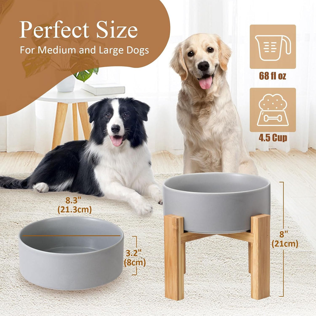 Elevated Ceramic Large Dog Bowl - Raised Dog Dish with Bamboo Stand - Heavy Weighted, No Tip Over, Comfortable Eating - 8.4" Diameter - 4.5 Cups - 68 fl oz - Grey
