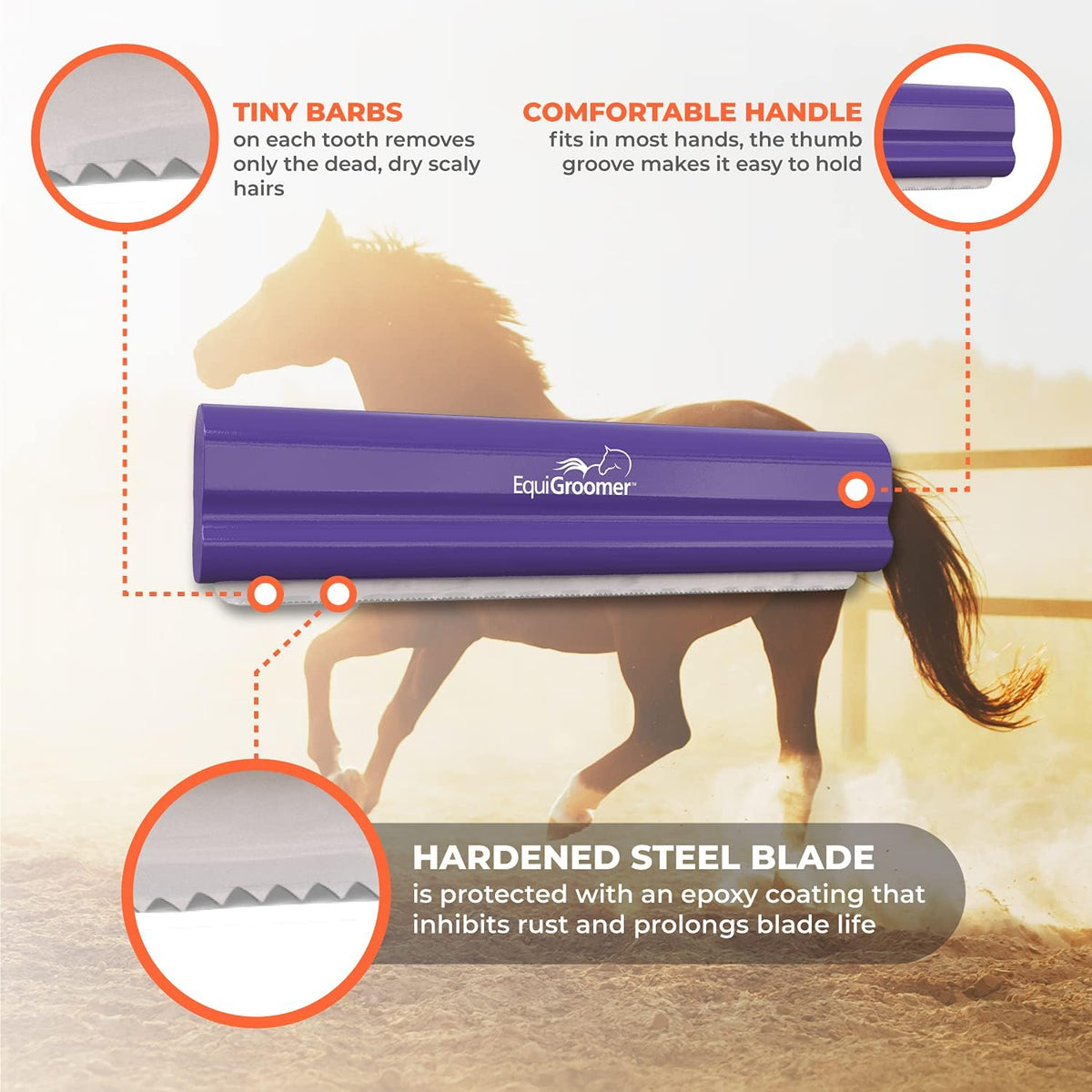 EquiGroomer 8-Inch Deshedding Brush for Dogs & Horses, Purple | Best for large dogs 50 lbs and up, plus horses and ponies, thick coats, stainless blade, gentle on skin 