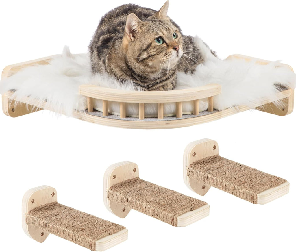 Large Cat Shelves with 3 Steps, Wall Mounted Cat Climbing Shelf with Plush Covered Bed, for Indoor Cats (Wood)