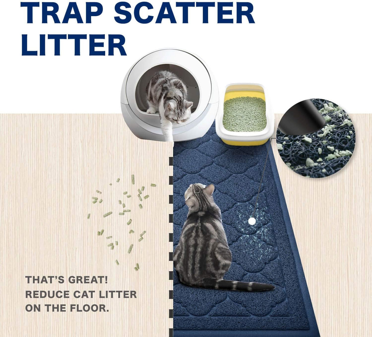 WePet Cat Litter Box Mat, Kitty Premium PVC Pad, Durable Trapping Rug, Phthalate Free, Urine-Resistant, Scatter Control, XXL 47 x 36 Inch, Blue