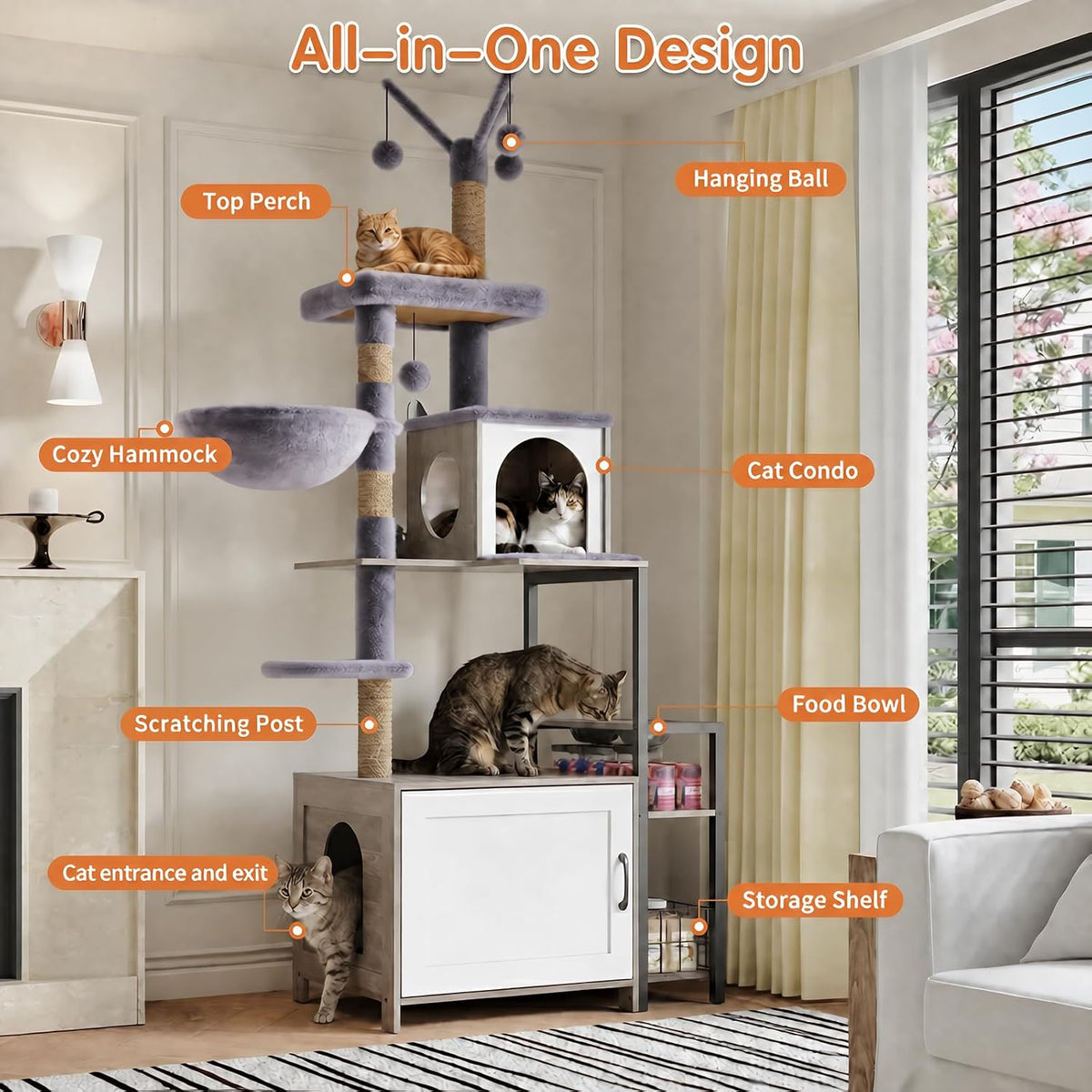 HavenlyYouth Cat Tree with Food Station and Litter Box Enclosure, Multi-Level Cat Tree Tower with Sisal Scratch Posts for Playtime, Plush Hammock in Gray for Cozy