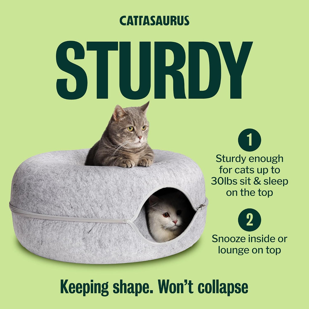 Cattasaurus Peekaboo Cat Cave Donut for Multiple & Large Cats up to 30-45 lbs, 3-in-1 Self Warming Cat Bed, Tunnel & Scratcher for Indoor Cats, Washable & Detachable (Light Gray + Dark Gray, Large)