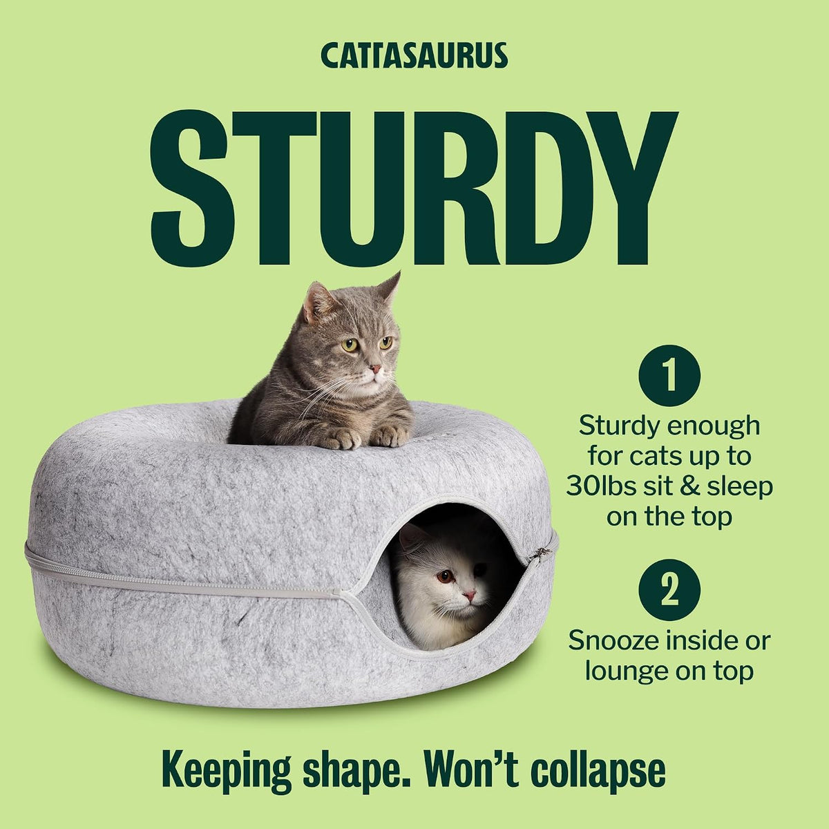 Cattasaurus Peekaboo Cat Cave Donut for Multiple & Large Cats up to 30-45 lbs, 3-in-1 Self Warming Cat Bed, Tunnel & Scratcher for Indoor Cats, Washable & Detachable (Light Gray + Dark Gray, Large)