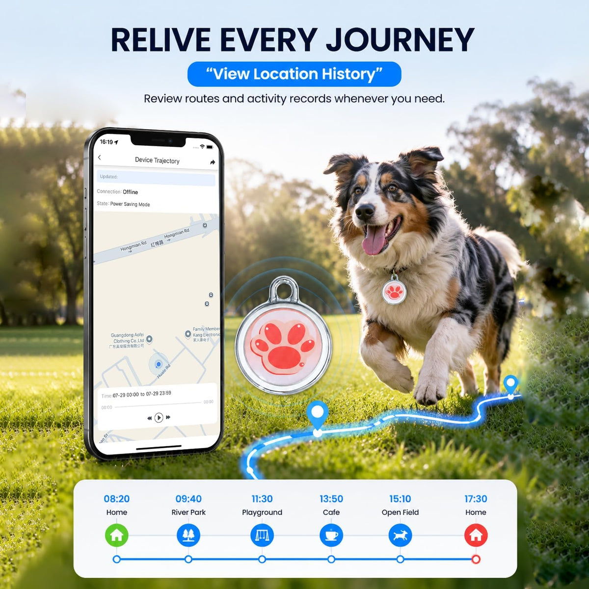 GPS Tracker for Dogs, Smart Pet Tracker Collar, Real-Time Location Tracking, Pet Location Tracker, No Monthly Fee, No SIM Card, IP68 Waterproof, History Log, Audible Alerts, iOS & Android Compatible