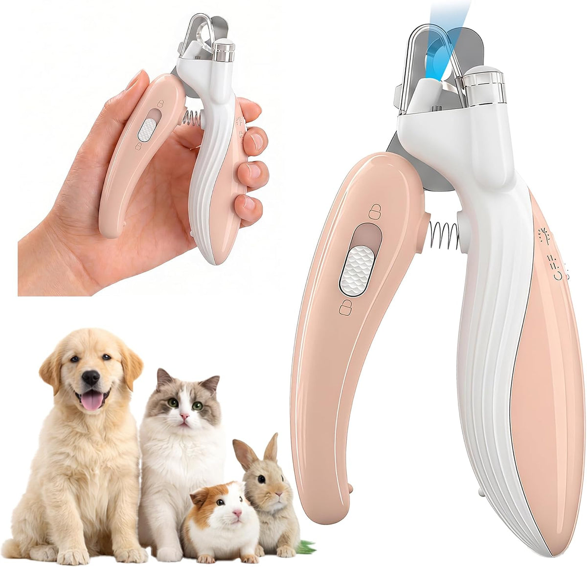 Dog & Cat Nail Clippers with LED Light, Illuminates Nails Helps See Quick, Pet Nail Trimmer with Sharp Stainless Steel Blades, Nail Catcher, Safety Lock for Dogs, Cats, Rabbits, Guinea Pigs (Pink)