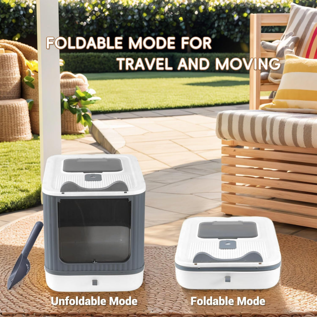 Foldable Enclosed Cat Litter Box with Lid, for Kitten to Medium, Gray-White