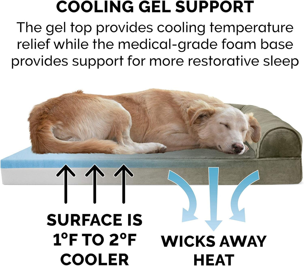 Furhaven Cooling Gel Dog Bed for Large Dogs w/ Removable Bolsters & Washable Cover, For Dogs Up to 125 lbs - Faux Fur & Velvet Sofa - Dark Sage, Jumbo Plus/XXL