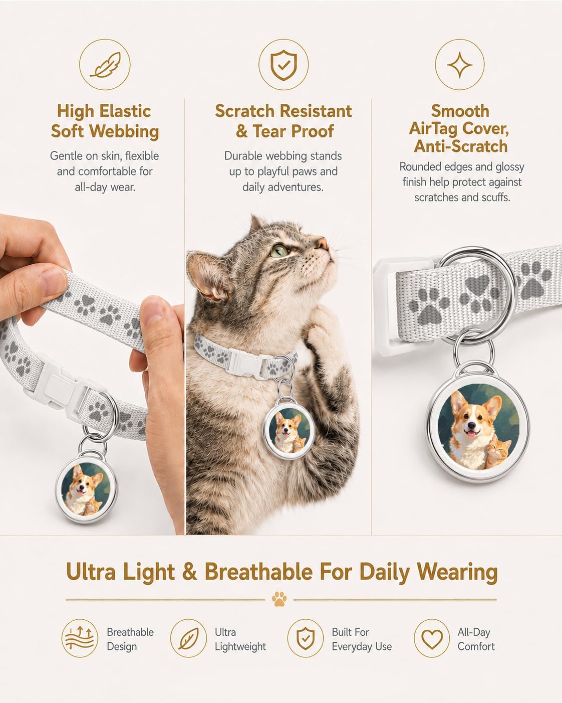 Cat GPS Tracker Collar & Dog Mini Tracker, No Monthly Fee Location, Works with Apple Find My, IP67 Waterproof Pet Finder Tag, Sound Alert, Adjustable Fit,White