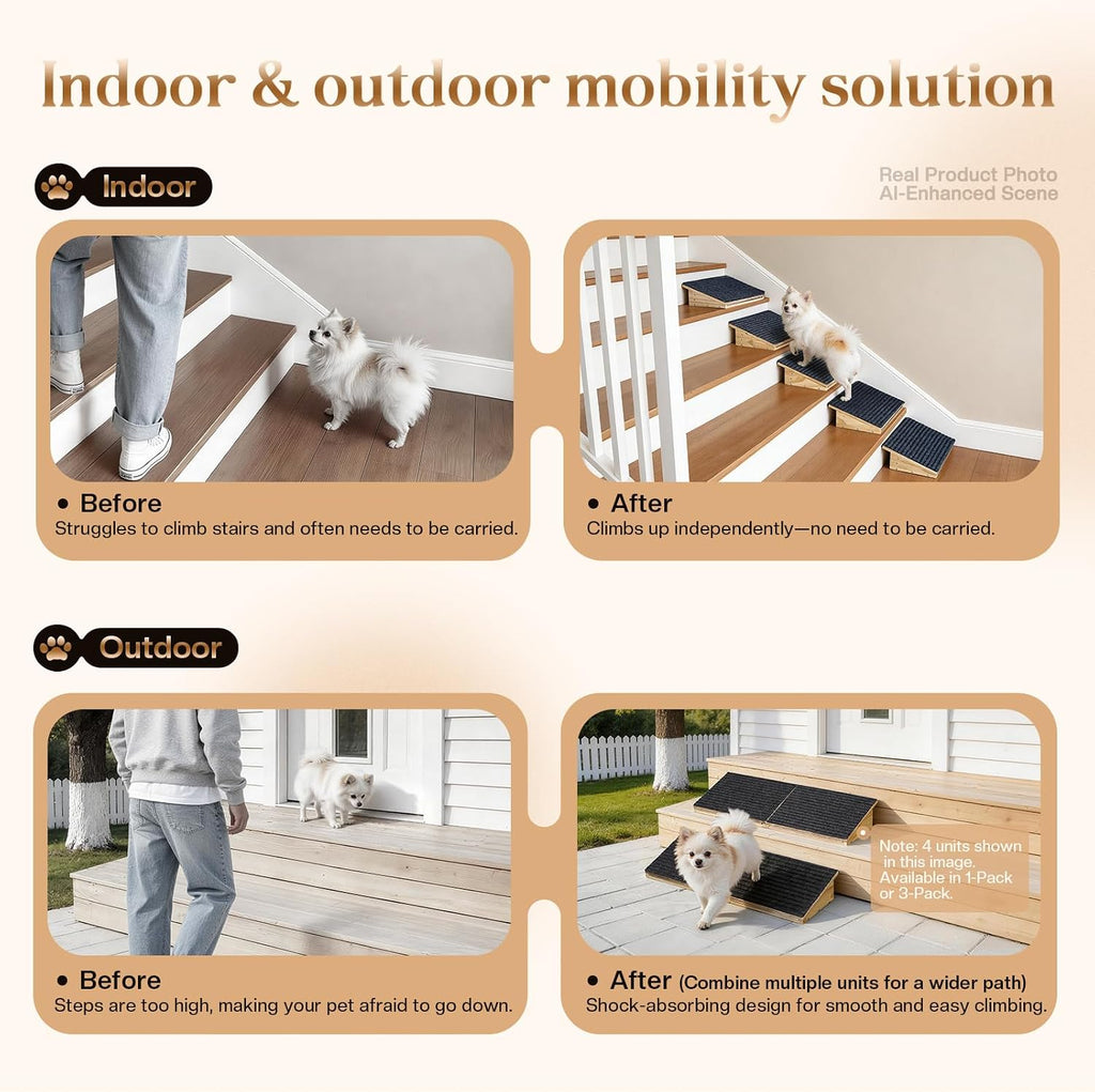Adjustable Dog Ramp for Stairs with 3 Heights, Anti-Slip Small Dog Ramp for Indoor & Outdoor, Solid Wood Pet Steps for Small/Senior/Injured Dogs, Gentle Slop Ramp for Stairs with Carpet Surface