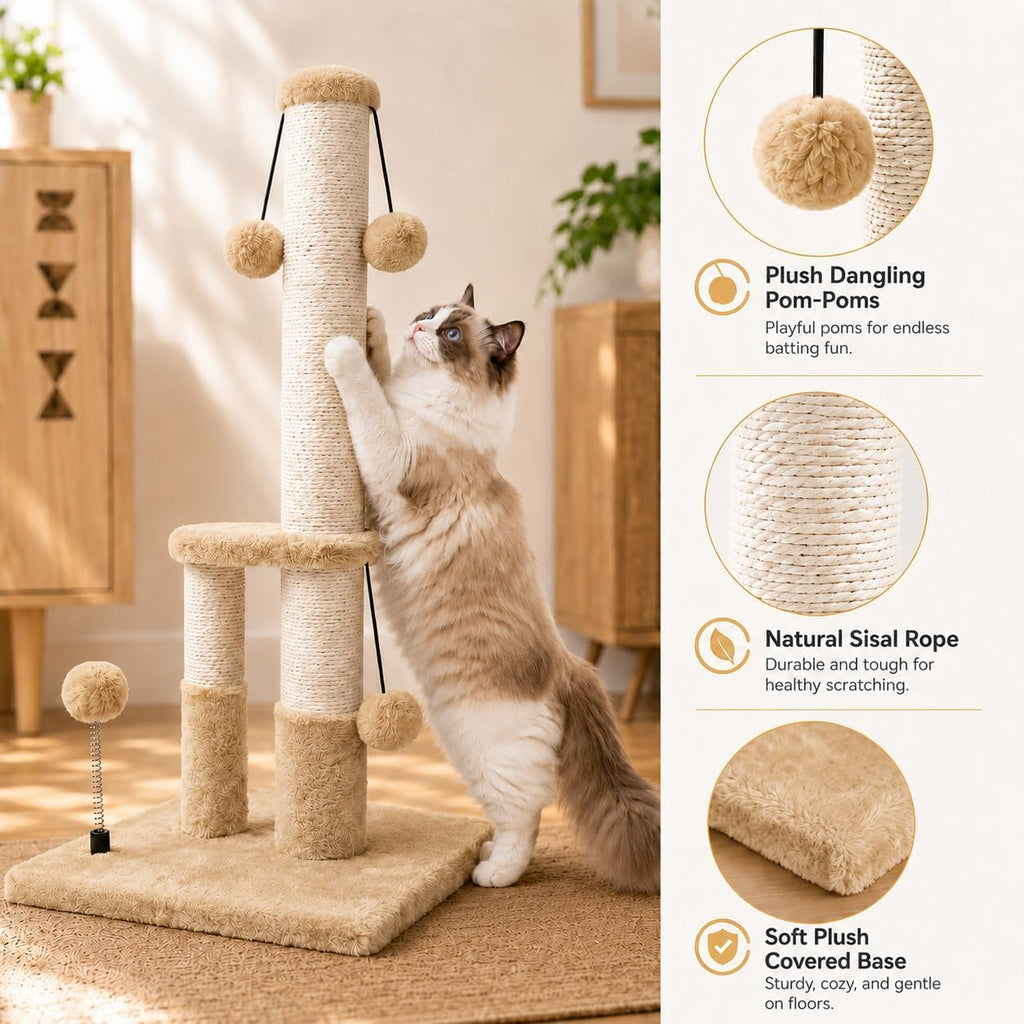 Dimaka Tall Cat Scratching Post, Double Lower Posts Extra Stable Cat Post Tree Scratcher with Sisal Rope and Teasing 4 Balls Total Large Base (Light Brown)