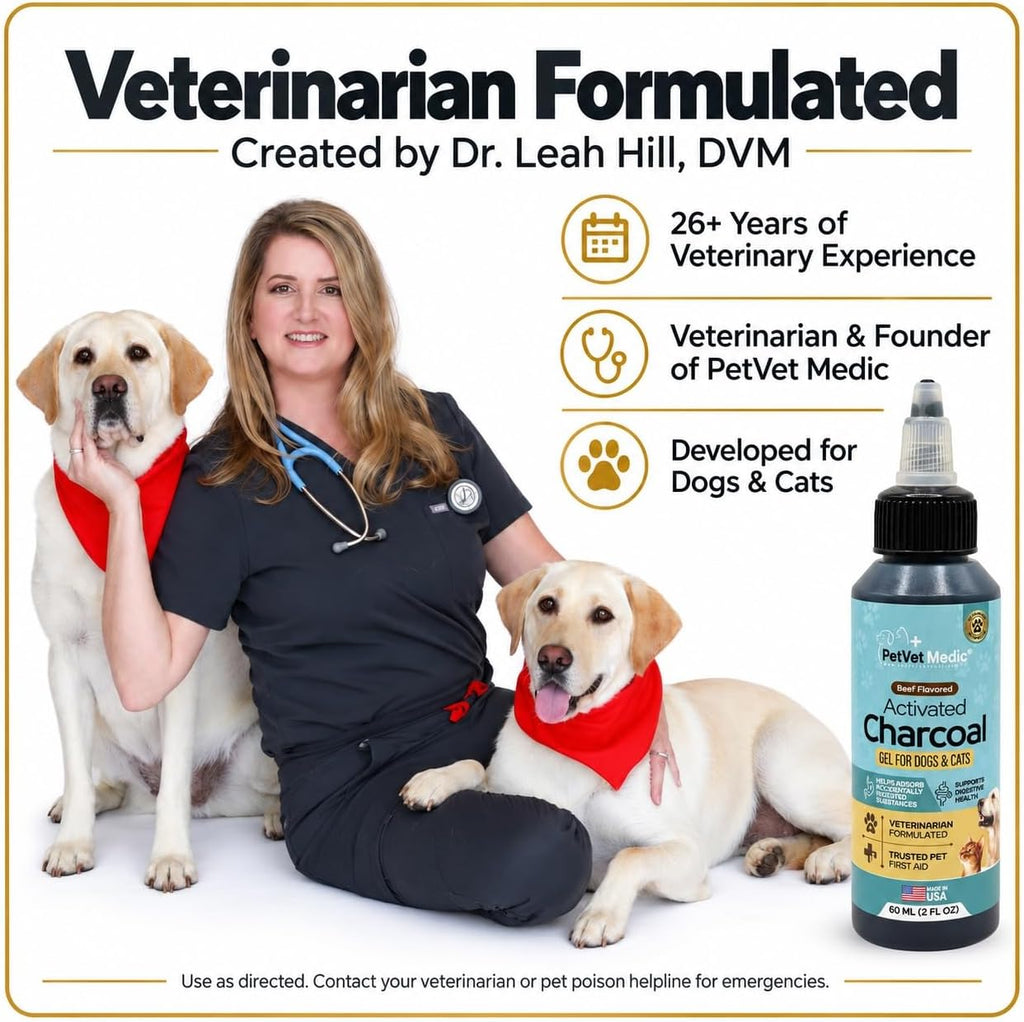 Activated Charcoal for Dogs, Cats & Puppies – Emergency Pet First Aid Gel for Accidental Ingestion, Beef-Flavored Digestive Paste, Veterinarian-Developed, Made in USA, 60 mL