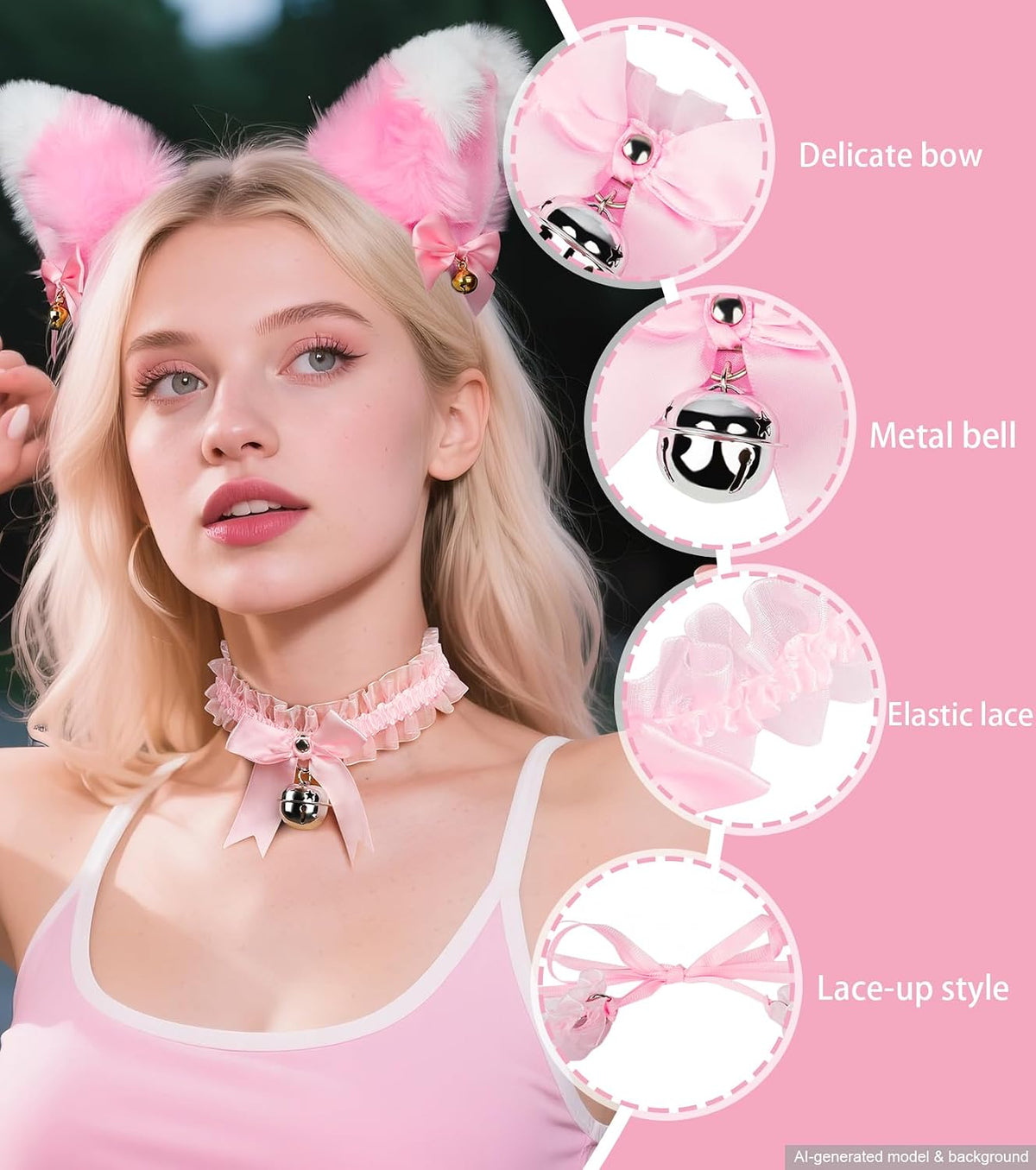 Cat Ears and Tail,Wolf Fox Ears Long Tail and Bell Lace Choker Set for Halloween,Animal Cosplay Party Costume