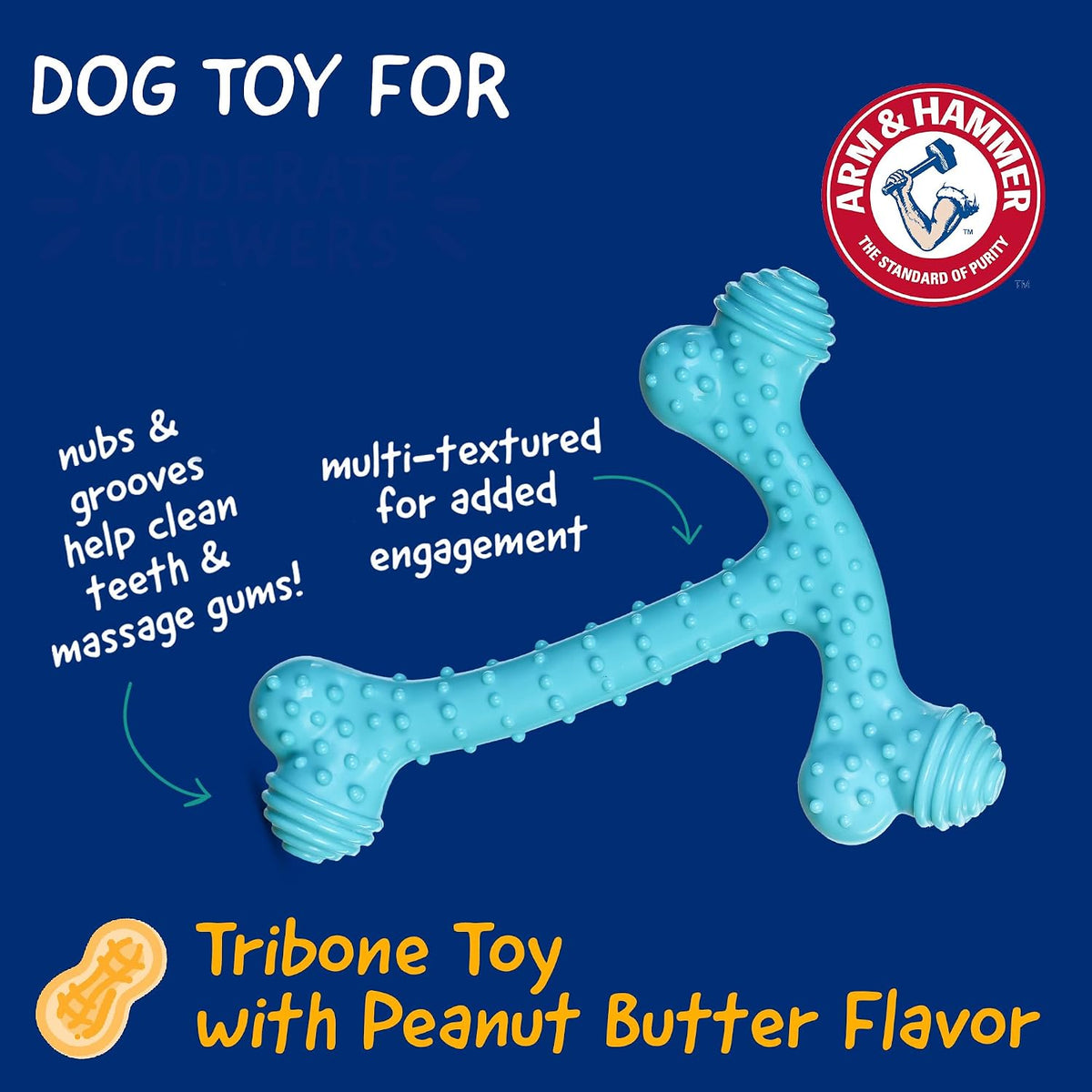 Arm & Hammer Nubbies T-Bone Dental Dog Chew Toy, Peanut Butter, 24-Pk | Durable nylon and TPR nubs clean teeth and gums, built for aggressive chewers