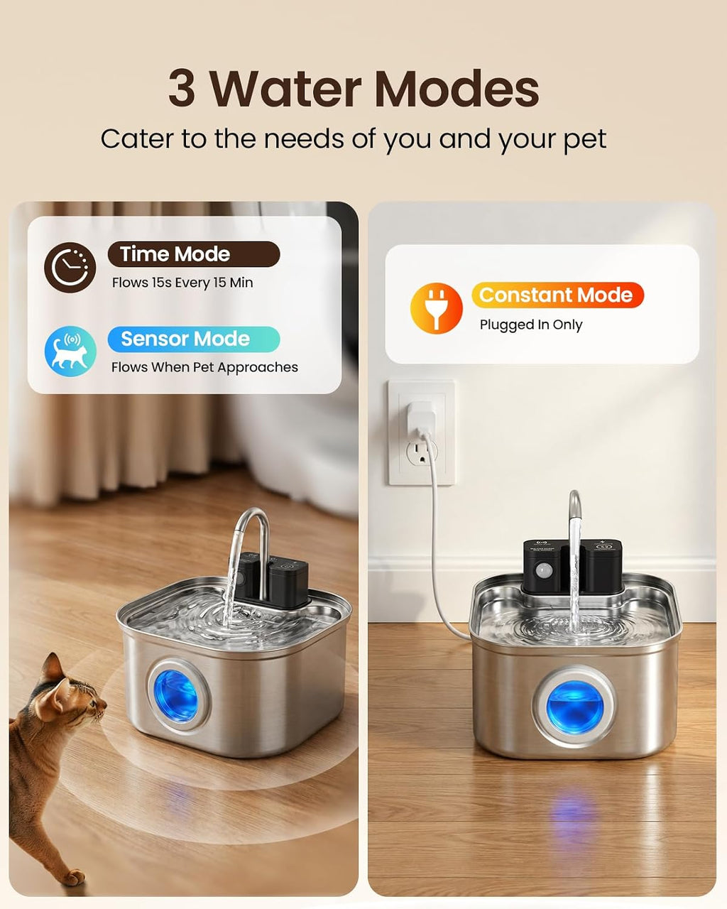 Cordless Cat Water Fountain, 3.2L/108oz Stainless Steel Cat Fountain