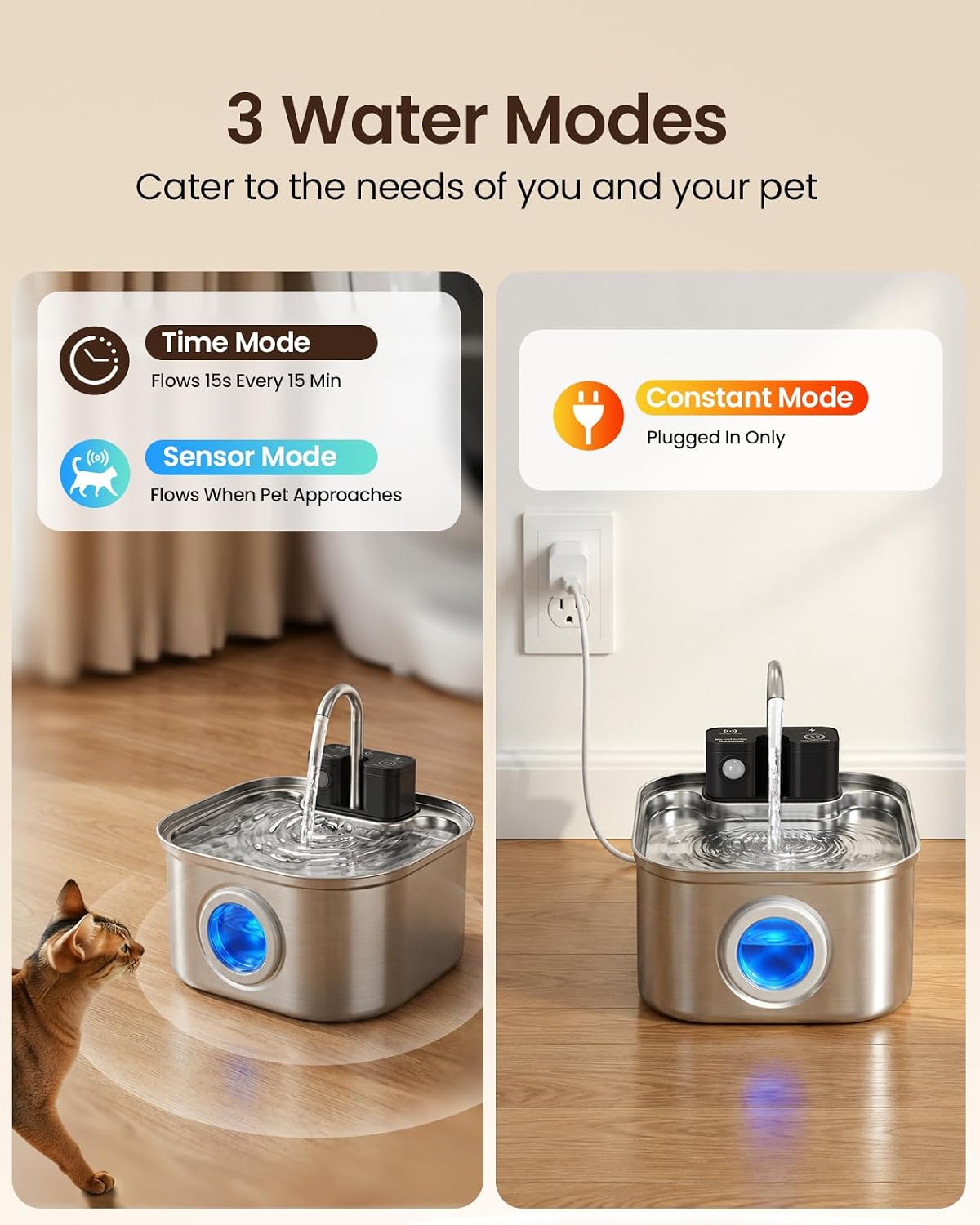 Cordless Cat Water Fountain, 3.2L/108oz Stainless Steel Cat Fountain