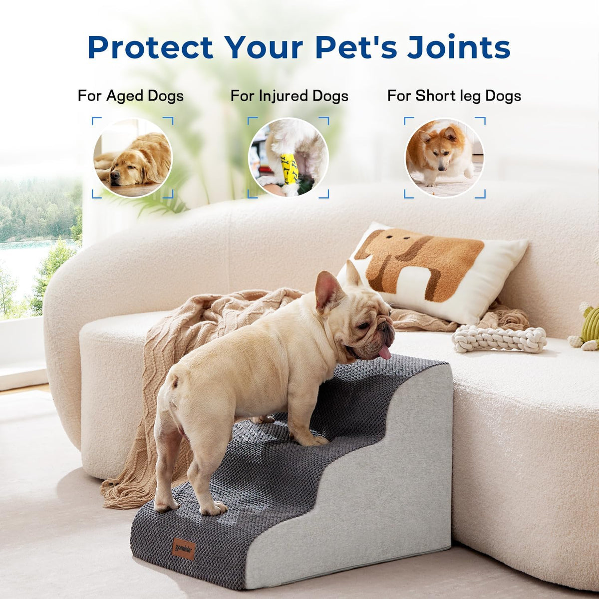 ZOMISIA Dog Stairs for High Beds - Pet Stairs Ramp for Couch, 35D Foam Dog Steps for Small to Large Pets, with Non-Slip Bottom Beige, 5 Steps