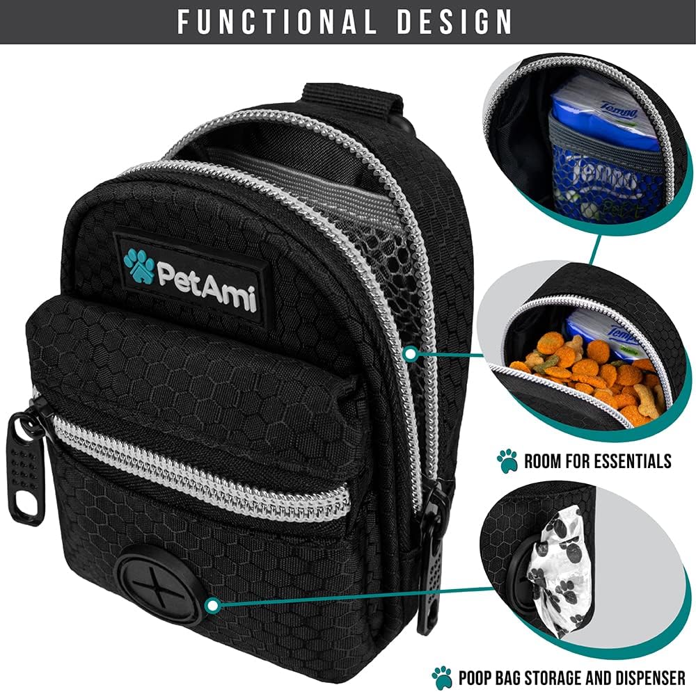 PetAmi Dog Poop Bag Holder for Leash, Waste Bag Dispenser Pet Pouch, Black | Doggy Puppy Walking Accessories Travel Camping, Dog Treat Pouch Supplies Must Have, Doggie Poo, Jogging, Walks
