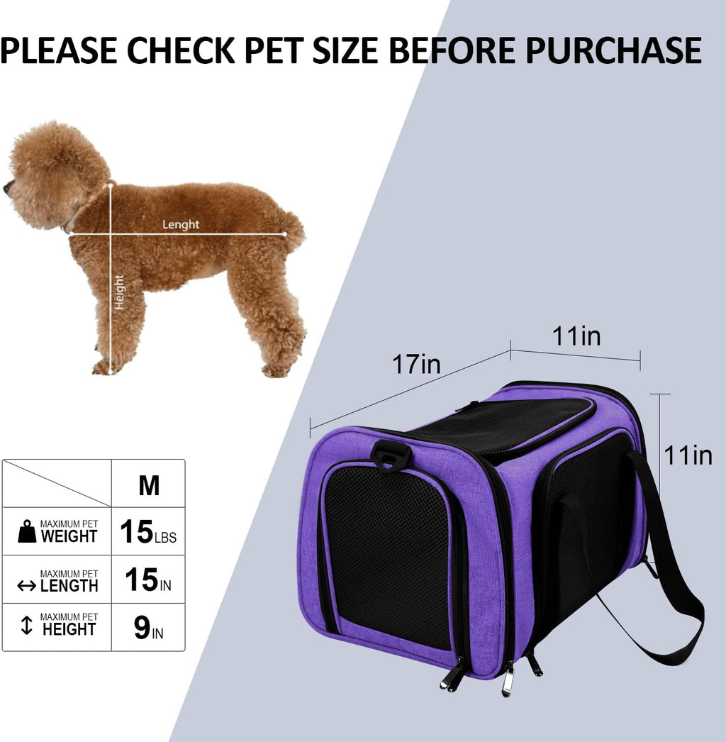 Henkelion Pet Carrier for Small Medium Cats Dogs Puppies up to 15 Lbs, Airline Approved Small Dog Carrier Soft Sided, Collapsible Travel Puppy Carrier - Purple