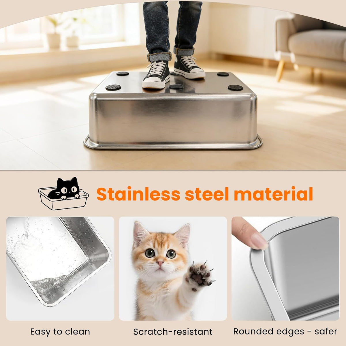 Stainless Steel XXL Cat Litter Box with 120° Lid, Enclosed Top Entry High-Sided Anti-Leak Cat Box, Dog Proof Litter Box for Multiple Cats, Includes Litter Step & Scoop
