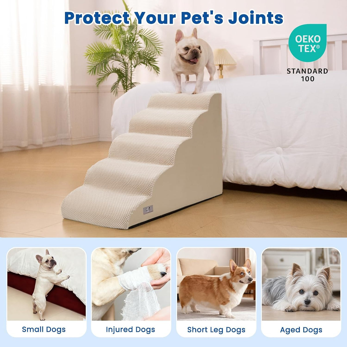 Dog Stairs for High Beds 22.4" H,5-Step Pet Ramp for Small & Medium Dogs