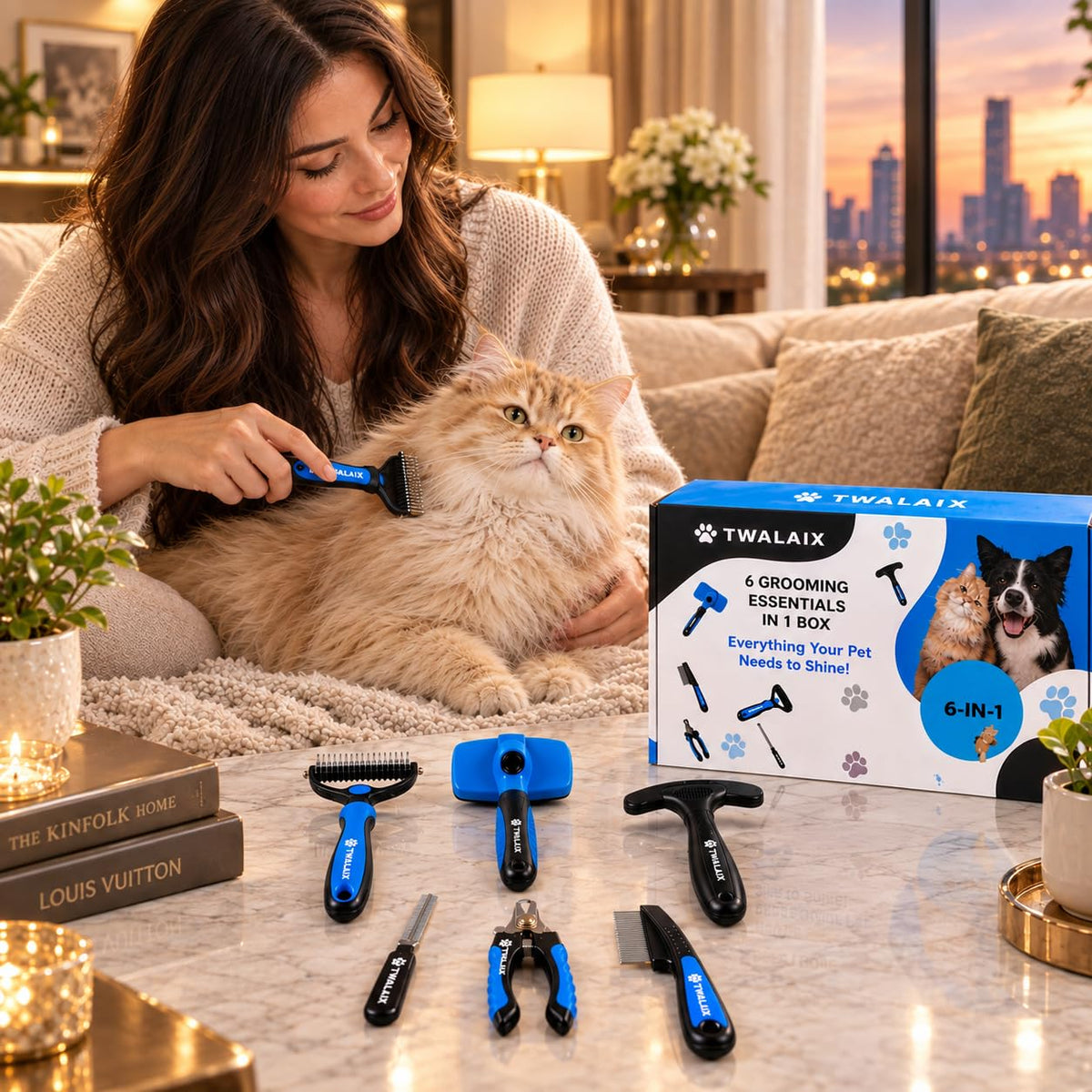6-in-1 Dog Grooming Kit, Pet Grooming Kit for Dogs & Cats, Professional Cat Brush Set with Slicker Brush, Undercoat Rake, Flea Comb, Nail Clipper, Nail File & Pin Rake Brush